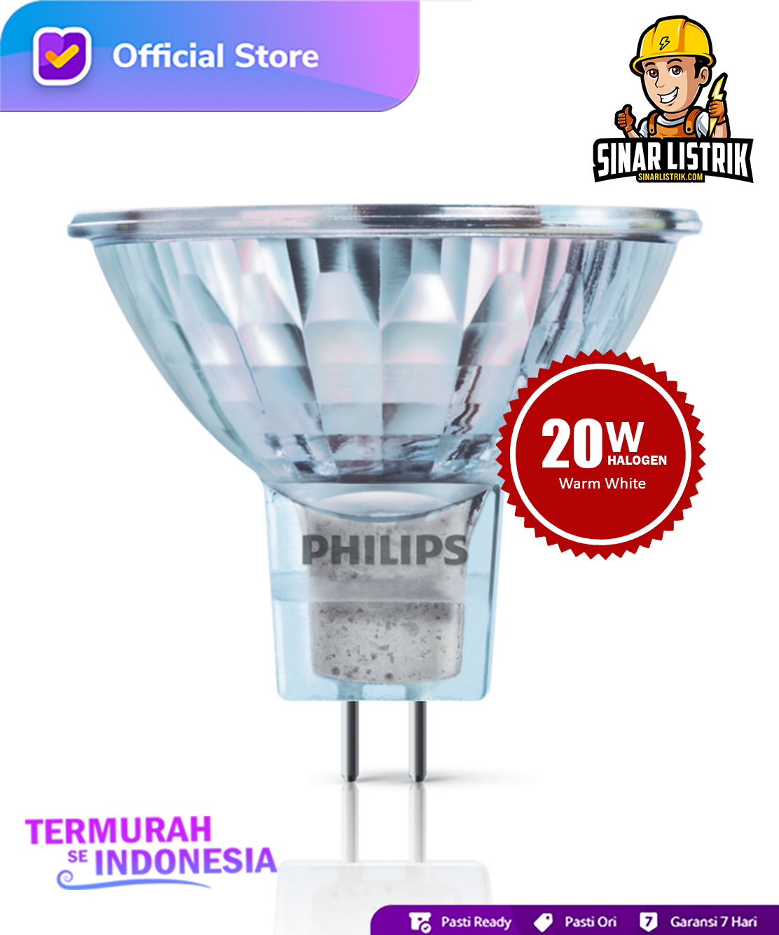  Lampu  Philips  Spotlight 20W Halogen Warm White GU5 3